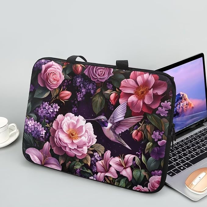 Hummingbird Bright Floral 17 Inch Computer Sleeve Tablet Portable Carrying Sleeve Case Bag Waterproof Laptop Tote Bag Notebook Messenger Briefcase Tablet Handbag for School/Office