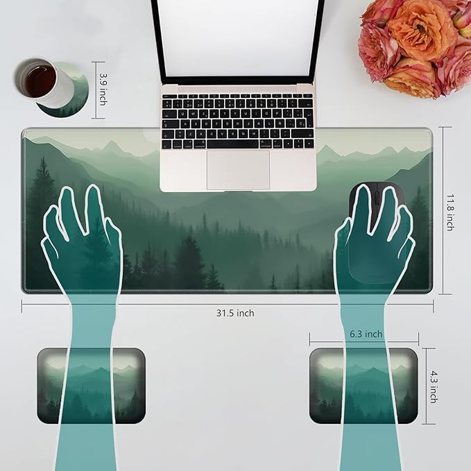 Wrist Elbow Support Arm Rest Desk Mouse Pad Set,Large Mouse Pad + 2 Elbow Rest Pad + Coaster,(31.5×11.8 in) Ergonomic Memory Foam for Office,Gaming,Computer,Laptop-Fog Forest