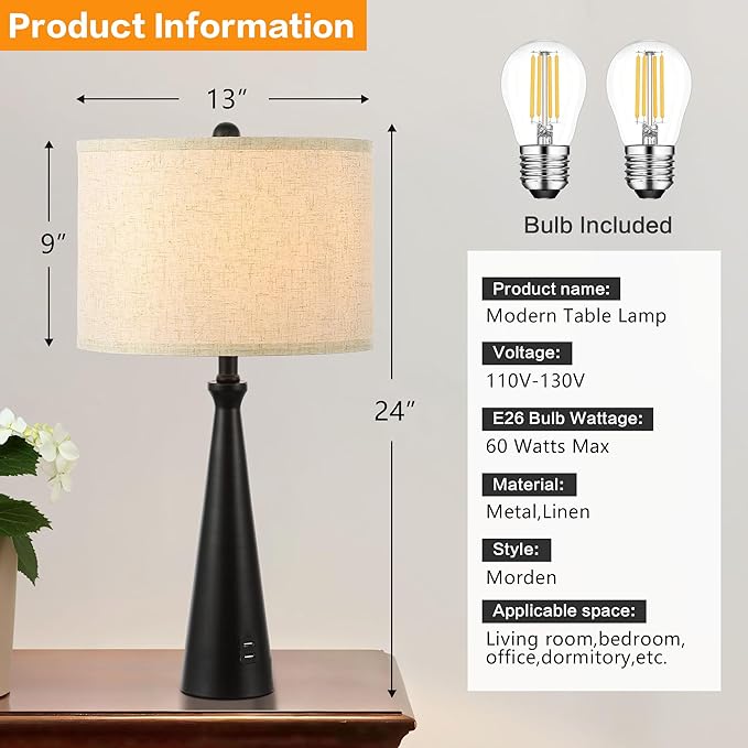 EOEYYOYB Lamp for Bedroom Set of 2 Lamps for Night Stand Black Bedside Lamps Modern Living Room End Table Lamps