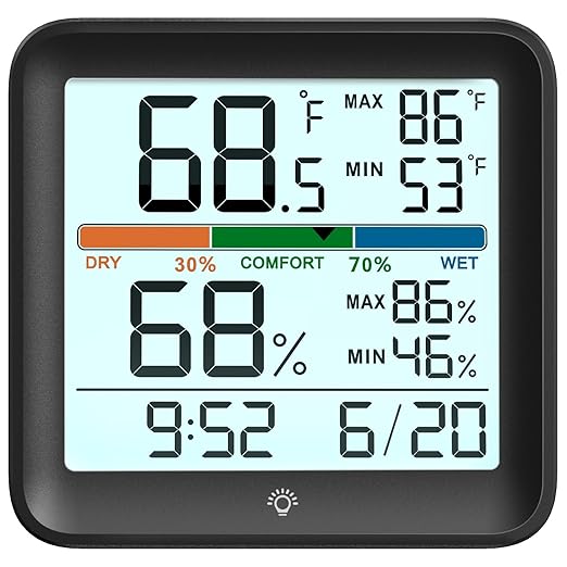 Indoor Thermometer Room Temperature Home Hygrometer Humidity Gauge, Accurate Calibration, Backlight, Air Comfort Indicator, Max Min Records, Time, Date (1, Black, 3.6" W x 3.4" H)