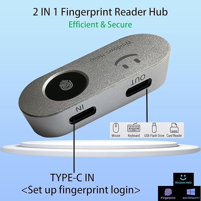 Portable USB Fingerprint Reader for Windows 10/11 PC and Laptops, Windows Hello Biometric Scanner, 360° Touch, Fast Login (<1 Second), Type-C Fingerprint Reader with Security Key.