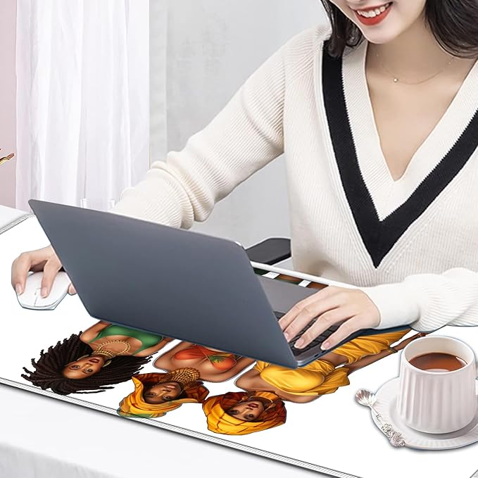 Large Mouse Pad, 31.5 x 11.8in Extended Gaming Mouse Pad with Stitched Edges, XXL Mousepad Protector Non Slip Rubber Base for Office Home Writing Mat,African American Women Black Girl White Desk Mat