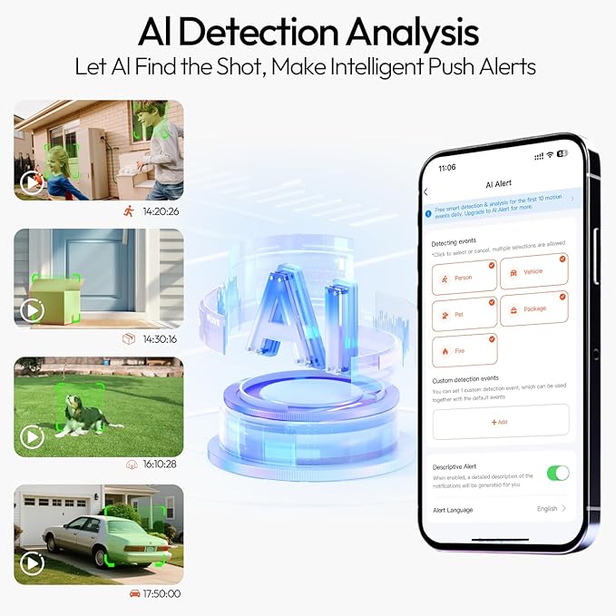 4pc 2.4G/5G WiFi Cameras for Home Security with Double Solar Panels, 2K Solar Security Cameras Wireless Outdoor, Color Night Vision , 2-Way Talk, Spotlight, Siren,IP66, Cloud/SD, AI Detection, W/Alexa