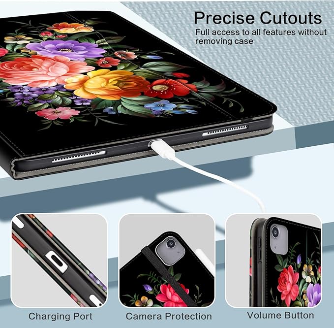 Lokigo Case for iPad Air 13" M4/M3/M2 (2026/2025/2024), iPad Pro 12.9" 6th/5th/4th/3rd Gen with Pencil Holder/Hand Strap/Pocket, Support Touch ID, Shockproof Soft Back Stand Cover, Black Flowers