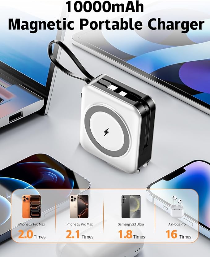 for Magsafe Portable Charger with Built-in Cables and AC Wall Plug, 10000mAh Magnetic Wireless Power Bank 22.5W Type-C in & Out Fast Charging Battery Pack for iPhone 17/16/15/14/13/12 Series, White