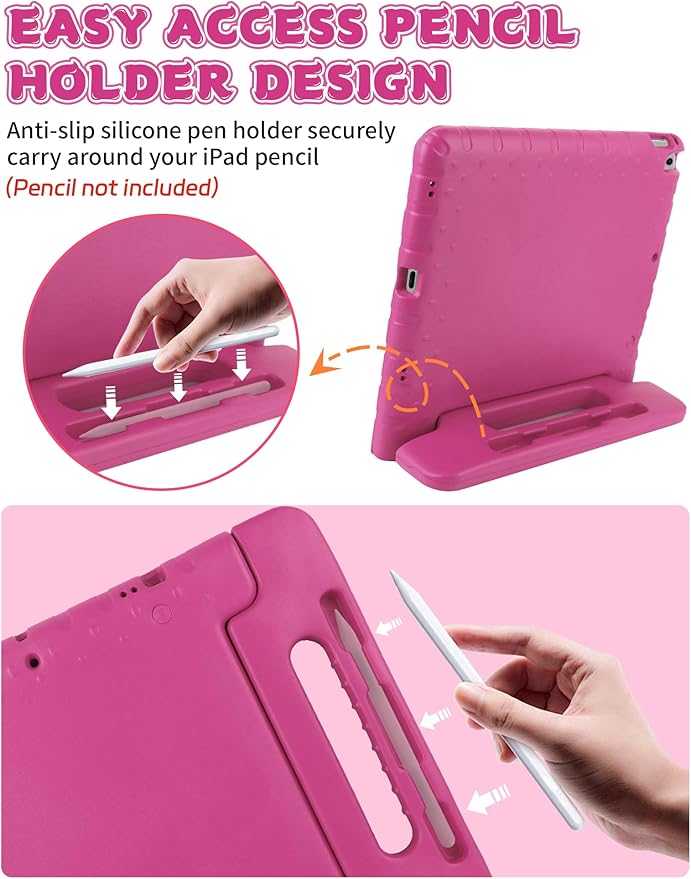 Kids Case for iPad Pro 12.9 2017(2nd Gen)/2015(1st Gen) with Pencil Holder and Handle Stand, EVA Rugged Cover Compatible with iPad Pro 12.9-inch for Child Boys Girls Toddlers(Rose Red)
