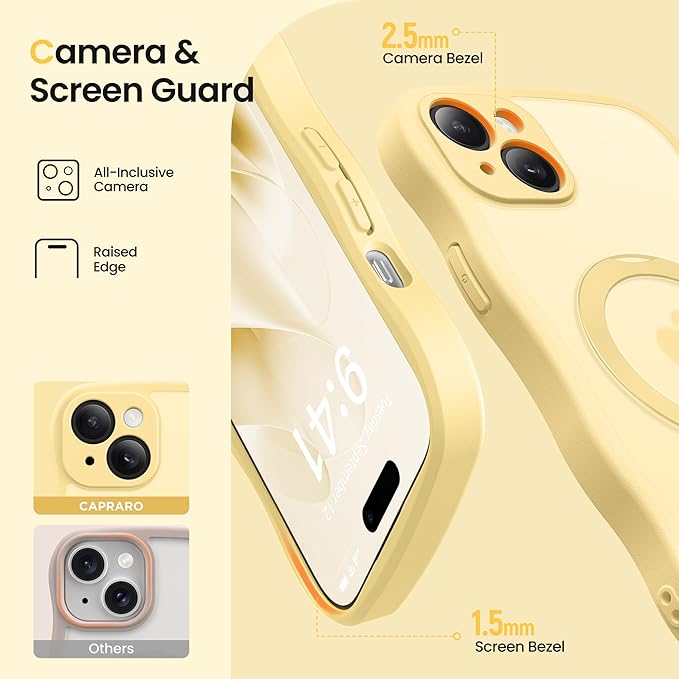 CAPRARO for iPhone 15 Plus Case with 360° Spin Magnetic Stand for Women, [Compatible with MagSafe] [Full Camera Protection] Cute Wave Translucent Matte Case for iPhone 15 Plus, Jasmine Yellow