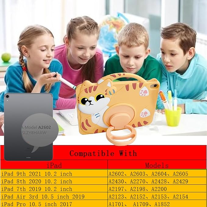 3D Cute Vivid Cat Case for iPad 9th/8th/7th 10.2 inch/Air 3rd 2019 /Pro 2017 10.5 inch,Kawaii Cartoon Character Pretty Cat Soft Silicone Rotating Stand Case with Lanyard for Kids Teens Girls Women