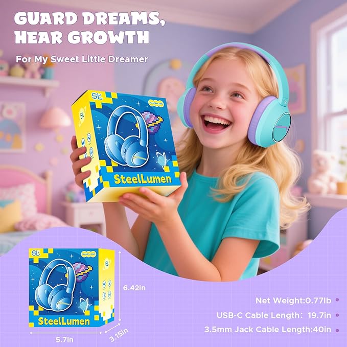 Steellumen Nova1Pro Active Noise Cancelling Headphones for Kids, 3-Level Safe Volume 75/85/94dB, ANC Safe Wireless Listen, Fast Charging, Bluetooth 5.4 with Mic, boy Girl for School, Travel & Airplane