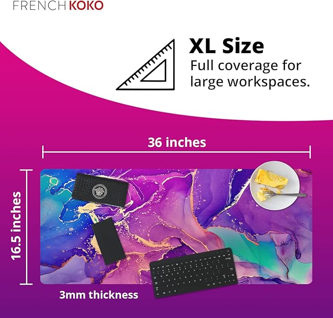 French KOKO Large Mouse Pad Desk Mat Protector Keyboard Pad Desktop Office School Essentials Decor Big Extended Laptop Computer Accessories Pretty Mousepad Women Girls Marble Purple XL 36" x 16.5"