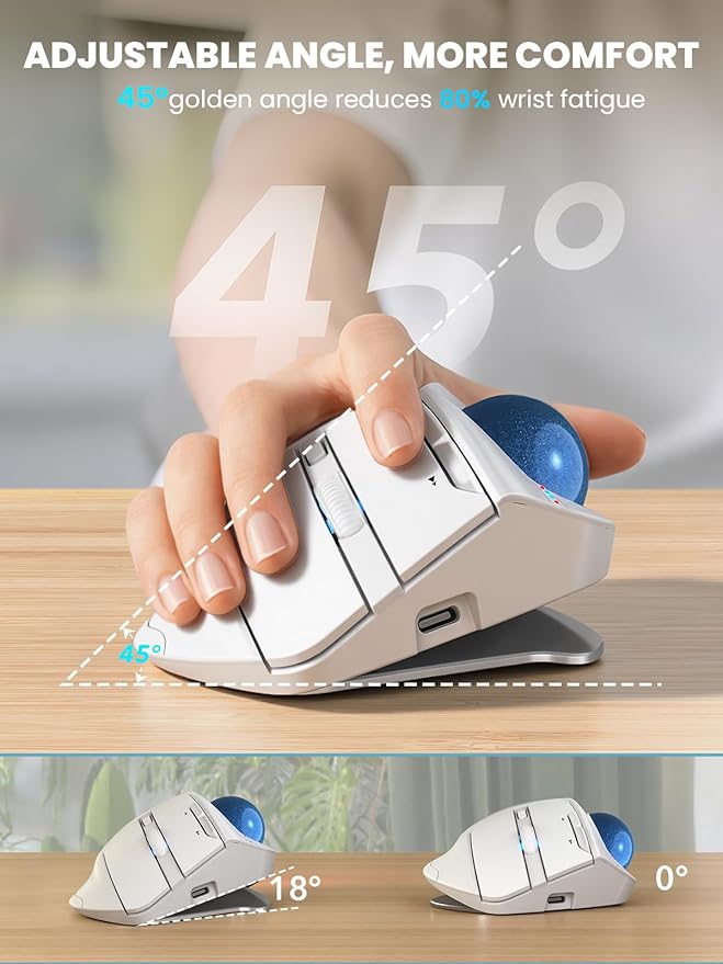 MAM1 Pro Wireless Trackball Mouse, Ergonomic Bluetooth Rechargeable Computer Mouse, Backlit Rollerball Thumb mice with 5 Level DPI, Adjustable Angle, 3 Devices Connection for PC, Windows - White Mouse