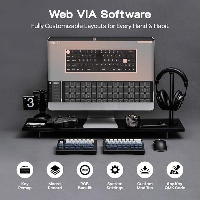 EPOMAKER Split70 Wireless Ergonomic Keyboard with QMK/VIA and Knob, Mechanical Gaming Keyboard with RGB, Hot-Swap, Creamy Linear Switch, PBT Keycap, Mac Modifier, Gasket, 70% Split Layout (Black)