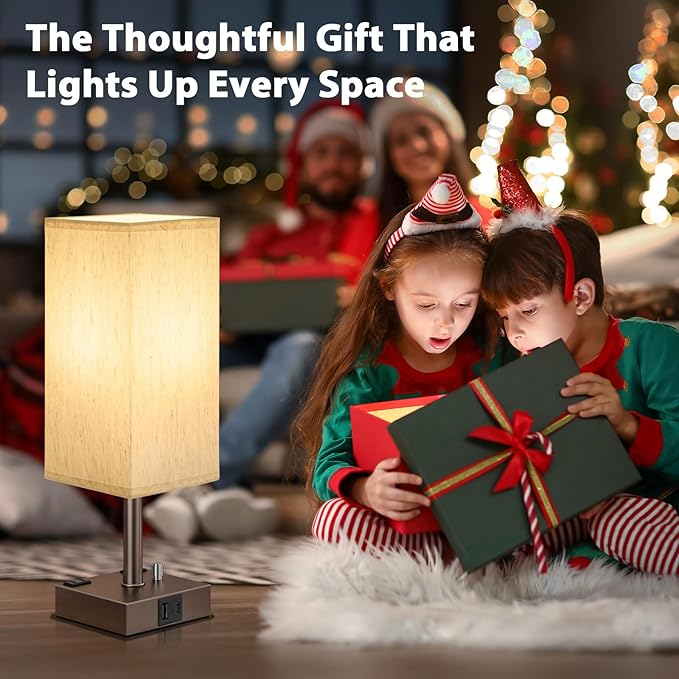 aooshine Brown Fully Dimmable Nightstand Lamps Set of 2 - Table Bedside Lamp with USB C+A Charging Ports & 2 AC Outlets, Square Lamp Sets Linen Fabric Shade for Bedroom (Bulb Included)
