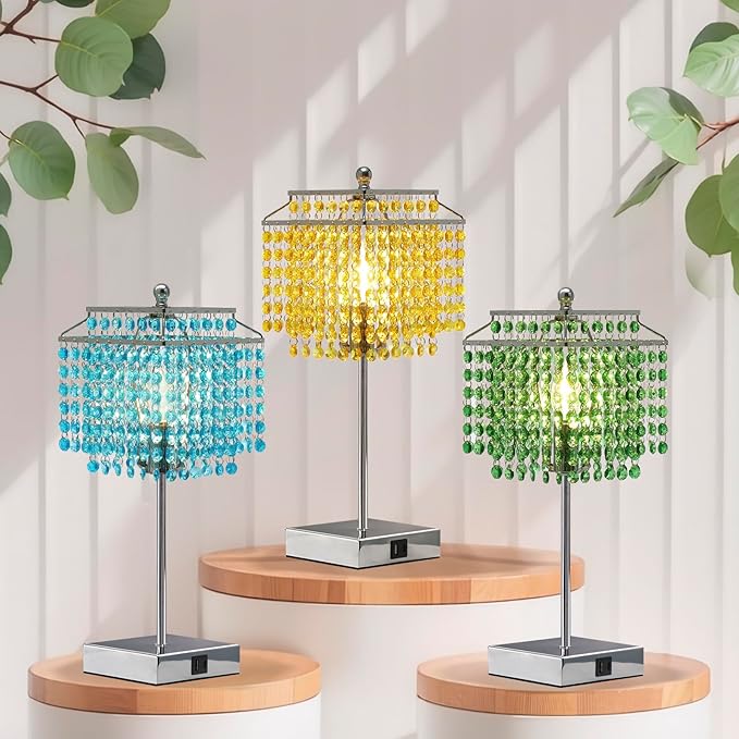 Luvkczc Crystal Table Lamp with Touch Control, Bedside Crystal Table Lamp with USB C+A Ports, Dimmable Lamp for Girls Bedroom, Living Room, Light Blue & B11 LED Bulb Included