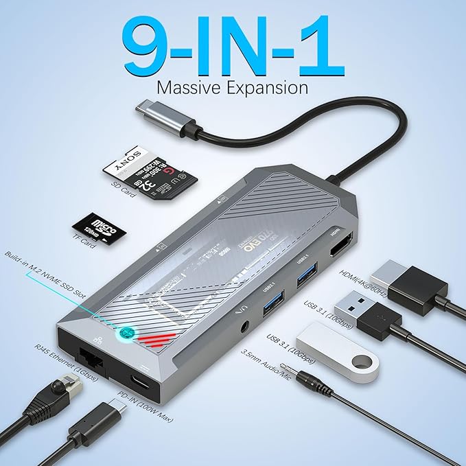 Redragon 9-in-1 USB-C Hub with SSD Enclosure for M.2 NVMe, 4K 60Hz HDMI Splitter, 100W PD Charging, 1Gbps Ethernet, 2X USB-A 3.1 10Gbps, SD/TF Card Reader, 3.5mm Audio for MacBook Pro/XPS/Dell/More