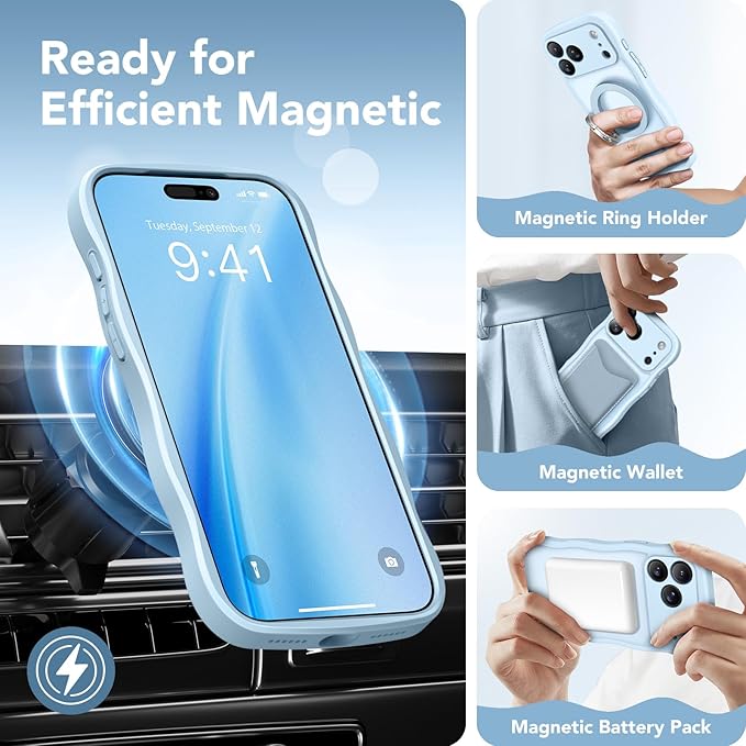 CAPRARO Magnetic for iPhone 17 Pro Case for Women Girls, Upgraded [Full Camera Protection] [Compatible with MagSafe] Cute Wave Translucent Matte Phone Case for iPhone 17 Pro, Light Blue