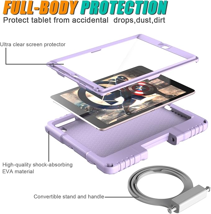 Kids Case for iPad 5th/6th Generation 9.7-inch 2017/2018 Release, Lainergie iPad Air 2 Case with Screen Protector, iPad Pro 9.7 Protective Cover Lightweight Shockproof with Handle Stand, Light Purple