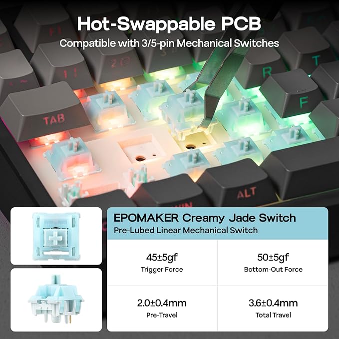 EPOMAKER G84 PRO Wireless Mechanical Keyboard, 75% Gaming Keyboard with 8000mAh Battery, PBT Keycaps, 81 Keys, Hot Swap, Custom Driver, RGB Backlight, Gasket-Mount (Black, Creamy Jade Switch)
