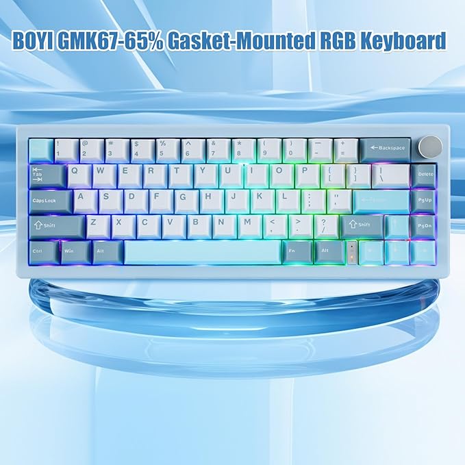 BOYI GMK67 65% Mechanical Keyboard,Hot-Swappable Bluetooth5.0/2.4G/Type-C Tri-Mode Wireless RGB Gasket Mounted Customized South-Facing LED Gaming Keyboard(Blue)