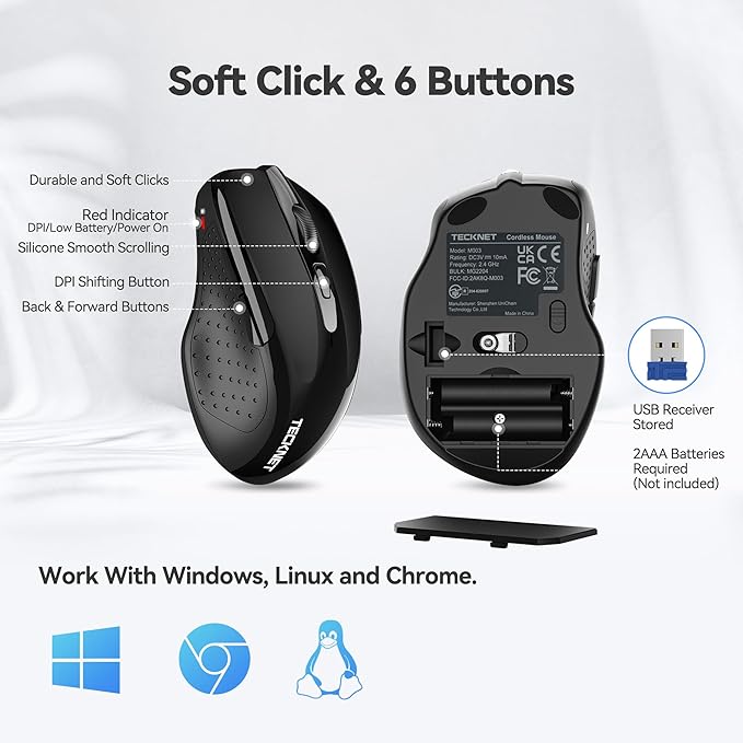 TECKNET Wireless Mouse, 2.4G Ergonomic Optical Mouse, Computer Mouse for Laptop, PC, Computer, Chromebook, Notebook, 6 Buttons, 24 Months Battery Life, 2600 DPI, 5 Adjustment Levels - Black