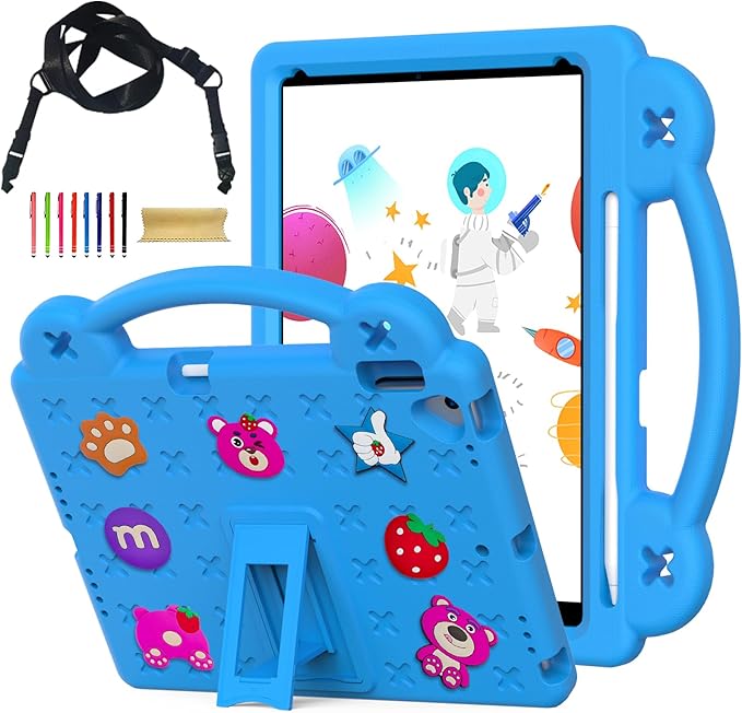 For iPad 9th Generation Case for Kids,iPad 8th 7th Gen Case, Shoulder Strap Shockproof Cute DIY Figures Design Handle Stand Protective Rugged Case for Apple iPad 9th 8th 7th Gen 2021/2020/2019,Skyblue