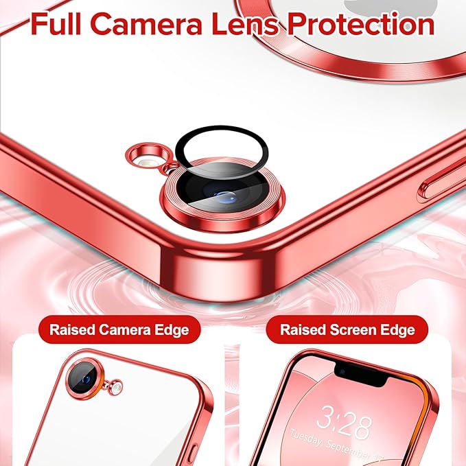 Hython Magnetic Clear for iPhone 17e Case with Camera Lens Protector [Compatible with MagSafe] Luxury Plating Edge Slim Soft TPU Cover Protective Phone Case for iPhone 17e 6.1", Red