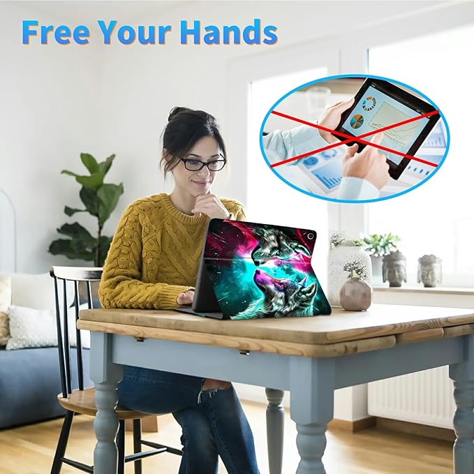 for Amazon Kindle Fire HD 10 (9th/7th/5th Generation, 2019/2017/2015 Release) 10.1" Tablet Case, Slim Kickstand Stand Leather Smart Cover with Auto Wake/Sleep, Gray Wolf Red Blue