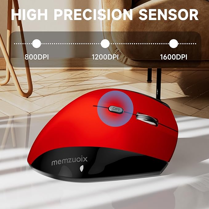 memzuoix Ergonomic Wireless Mouse, 2.4G Optical Cordless, 800/1200/1600 DPI, Vertical Computer Mouse for Laptop, Mac, PC, Desktop (Right Hand, Large) - Red