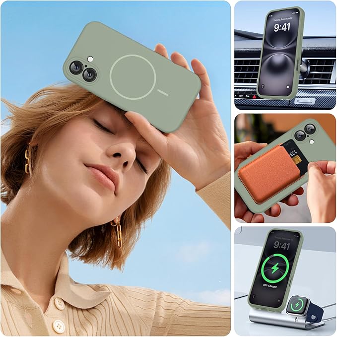 Miracase Magnetic for iPhone 16 Plus Case, [Soft Anti-Scratch Microfiber Lining], Magnetic for MagSafe, Liquid Silicone Shockproof Drop Protection Phone Case for 16 Plus,Patina Green