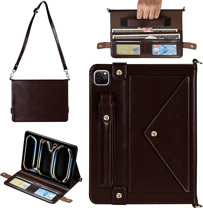Handbag Case for iPad Pro 11-inch M5 M4 (2025/2024), Techcircle Folio Stand PU Leather Hand Strap Cover Crossbody iPad Case w/Pencil Holder Card Slots Wallet Case, Dark Brown