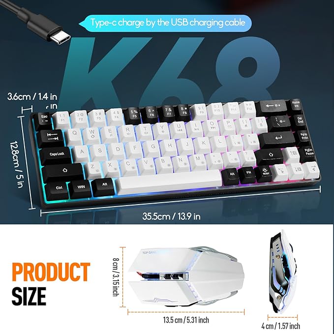 Wired 60% Gaming Keyboard and Mouse Combo, Ultra-Compact 61 Keys RGB Backlit Mini Keyboard, Lightweight 3200 DPI Optical, Wired Gaming Set for Windows,PC, MAC PS5 Xbox Gamer(White-Black)