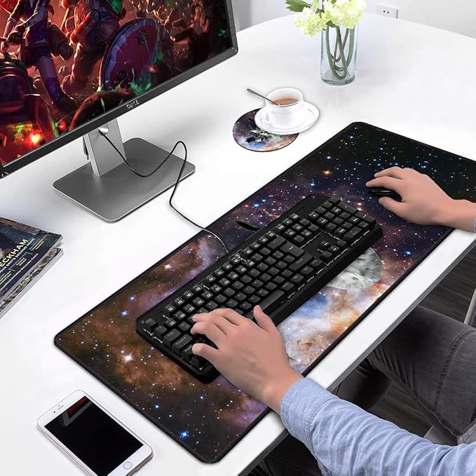 Desk Pad Mat Gaming Mouse Pads with Coasters Set, Stitched Edges Design Mouse Pad XXL Large Mouse Pad for Laptop Computers Galaxy Fly Cat Desk Writing Mat for Office & Home 31.5x 11.8