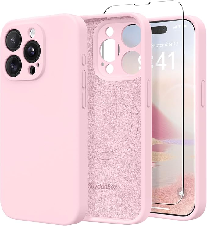 Magnetic for iPhone 13 Pro Max Case, Compatible with MagSafe, [Full Camera Protection][Screen Protector] Silicone Shockproof Protective Phone Case for iPhone 13 Pro Max 6.7", Chalk Pink