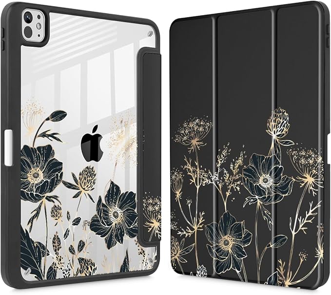 May Chen for iPad Pro 13 Inch Case M5 2025 / M4 2024, Built Pencil Holder & Clear Transparent Print Back Shell Slim Stand Shockproof Tablet Cover, Auto Wake/Sleep, Abstract Floral