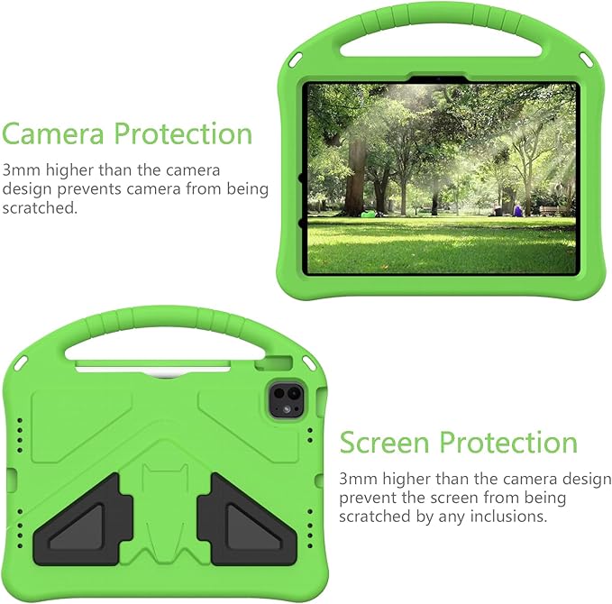 Kids Case for iPad Pro 11-inch (M5) 2025/(M4) 2024, Air 11" 2026 M4/M3/M2 Case with Pencil Holder, Techcircle Lightweight Shockproof EVA Foam Handle Stand Anti-Slip Grip Rugged Cover, Green