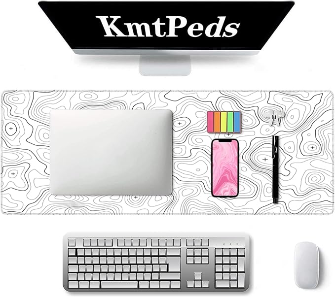 Topographic Large Gaming Mouse Pad,White Mouse Pad Gaming Mouse Mat Desk Pad,31.5 x 11.8 Desk Mat Minimalist Mouse Pads for Desk,Extended White Keyboard Mousepad with Non-Slip Base and Stitched Edge