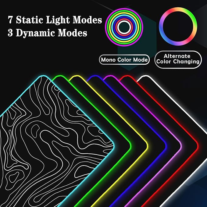 UJoowalk RGB Gaming Mouse Pad, Topographic Large, LED XL Keyboard and Mouse Pad, Desk Mat, 31.5 x 11.8 in, Black Minimalist Line Desk Pad