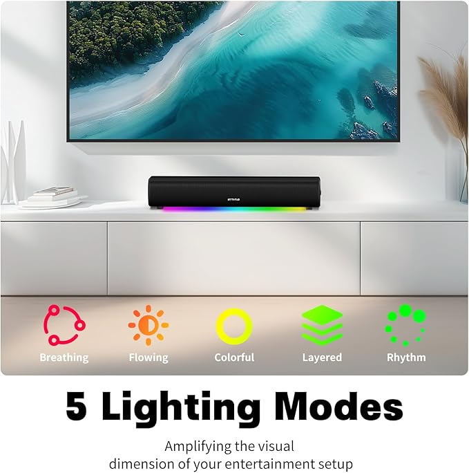 Rythflo Sound Bar for Smart TV, 16'/60W Soundbar with Impactful Bass, Dynamic Light and Remote Control, Wall Mountable TV Speakers with Bluetooth/Optical/3.5MM AUX for Gaming/PC/Projector