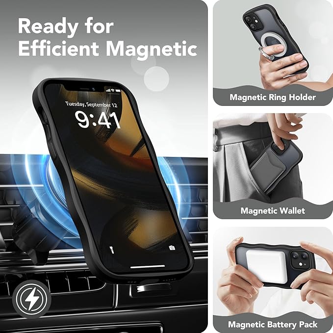 CAPRARO Cute for iPhone 12 Case & iPhone 12 Pro Case, Compatible with MagSafe, [Curly Wave Edge] [Camera Protection] [14 FT Drop Protection] Magnetic for iPhone 12/12 Pro, Black