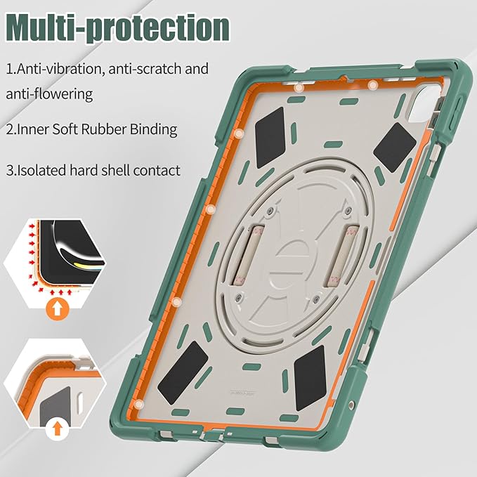 Batianda Case for iPad Pro 13-inch 2025 M5 2024 M4 Chip Heavy Duty Rugged Durability Silicone Tablet Cover with 360° Rotating Hand Strap Foldable Hidden Stand & Shoulder Strap, Sea Green