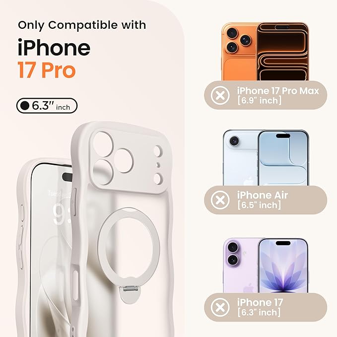 CAPRARO for iPhone 17 Pro Case with 360° Spin Magnetic Stand for Women, [Compatible with MagSafe] [Full Camera Protection] Cute Wave Translucent Matte Case for iPhone 17 Pro, Stone