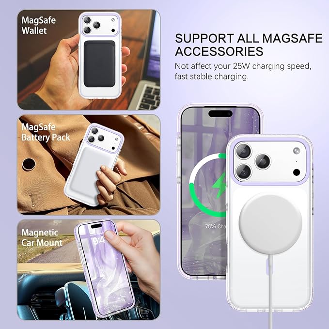 BENTOBEN Magnetic for iPhone 17 Pro 6.3" Case, Compatible with Magsafe Military Shockproof Protective Bumper Cute Transparent Slim Anti-Yellowing Phone Case for iPhone 17 Pro Cover, Clear Purple