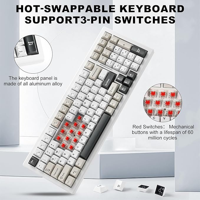 Wireless Game Mechanical Keyboard BT5.0/2.4GHz/USB, Multi-Color LED with 18+ Modes, Hot-Swappable Custom Keyboard, Red Creamy Switches, Gaming Keyboard for PC/Mac (Black White)