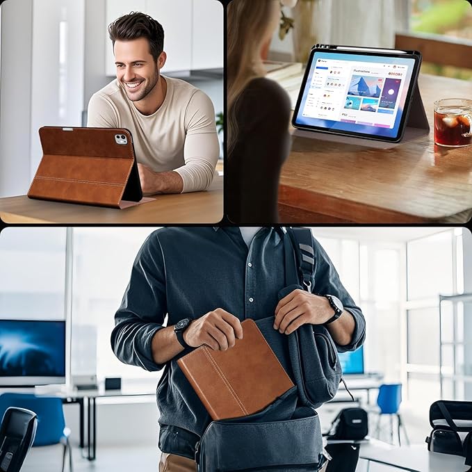 Gexmil Genuine Leather Case for iPad Pro 13 Inch (M5/M4) 2025/2024 with Pencil Holder,Protective Shockproof Smart Leather Folio Cover Adjustable Stand Auto Sleep/Wake,Vegetable Tanned Brown
