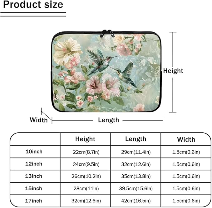 Hummingbird Flower Laptop Sleeve for Women - 13 inch Neoprene Lap Top Case with Padded Compartment