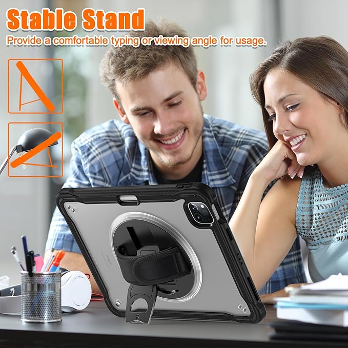 Batianda Case for iPad Pro 11-inch 2022 4th M2 Chip /2021 (3rd Generation) Heavy Duty Rugged Shockproof Tablet Cover with 360° Rotating Hand Strap Foldable Hidden Stand & Shoulder Strap, Black