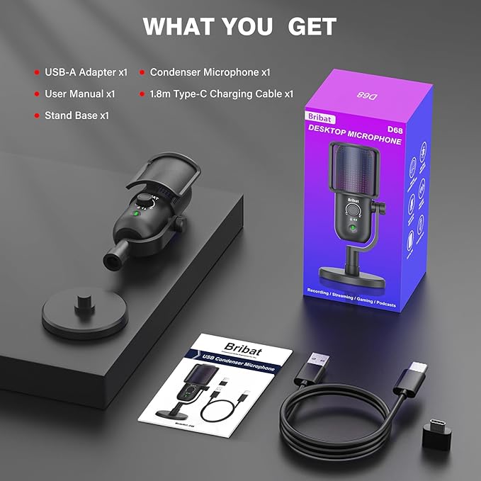 USB Condenser Microphone for PC Gaming,Streaming&Podcast,Plug & Play RGB Desktop Mic with One-Touch Mute,Cardioid Noise-Canceling Computer Mic for Twitch,YouTube,Recording on PC & Laptop(Black)
