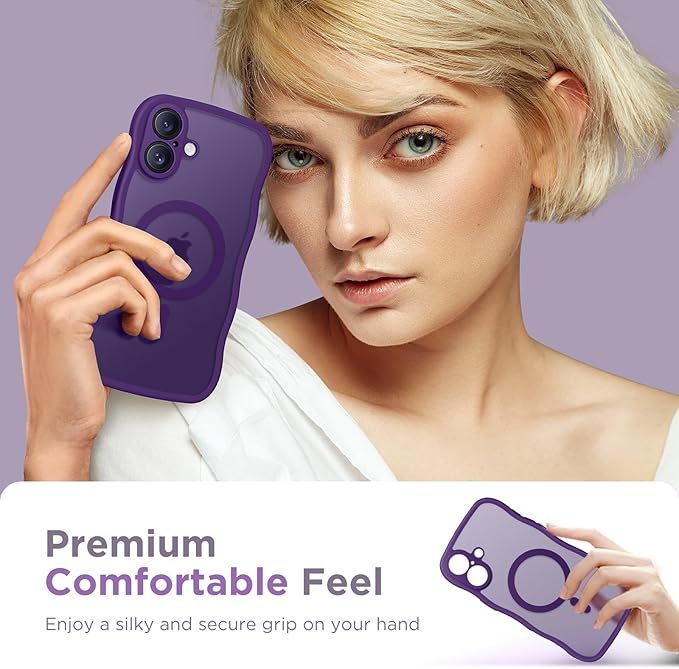 CAPRARO for iPhone 16 Case for Women Girls, Upgraded [Full Camera Protection] [Compatible with MagSafe] Cute Wave Translucent Matte Phone Case for iPhone 16, Deep Purple