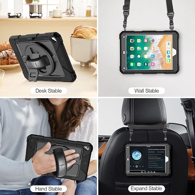 MENZO Shockproof Case for iPad 5th Gen/6th Gen/Air 2/Pro 9.7-inch with 360° Swivel Stand, Pencil Holder, Detachable Hand and Shoulder Strap, Black