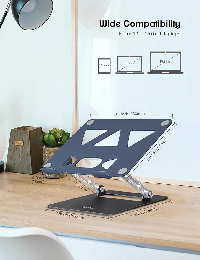 Aoviho Adjustable Laptop Stand for Desk,Portable Laptop Stand Holder and Riser,Foldable Aluminum Notebook Computer Stands for MacBook Air Pro HP Lenovo Dell Samsung, 10-15.6 inch (Navy-Silver-Black)